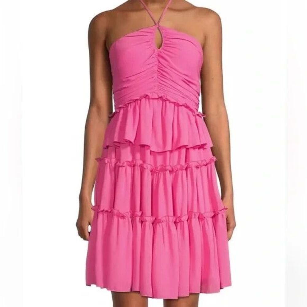 One 33 Social women Fuchsia Pink Tier Ruffle Halter Short Mini Dress size 2 $375 - Picture 2 of 13